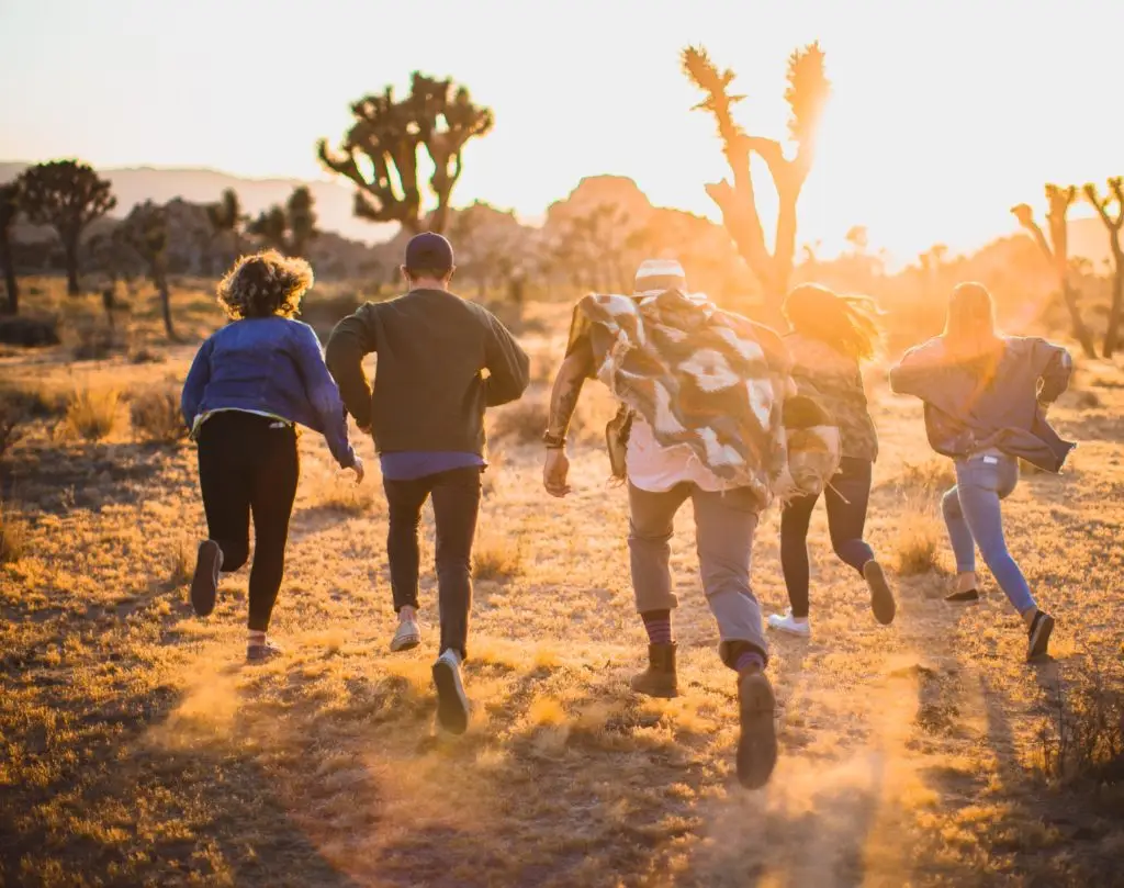 A group of teens runs into the desert around sunset