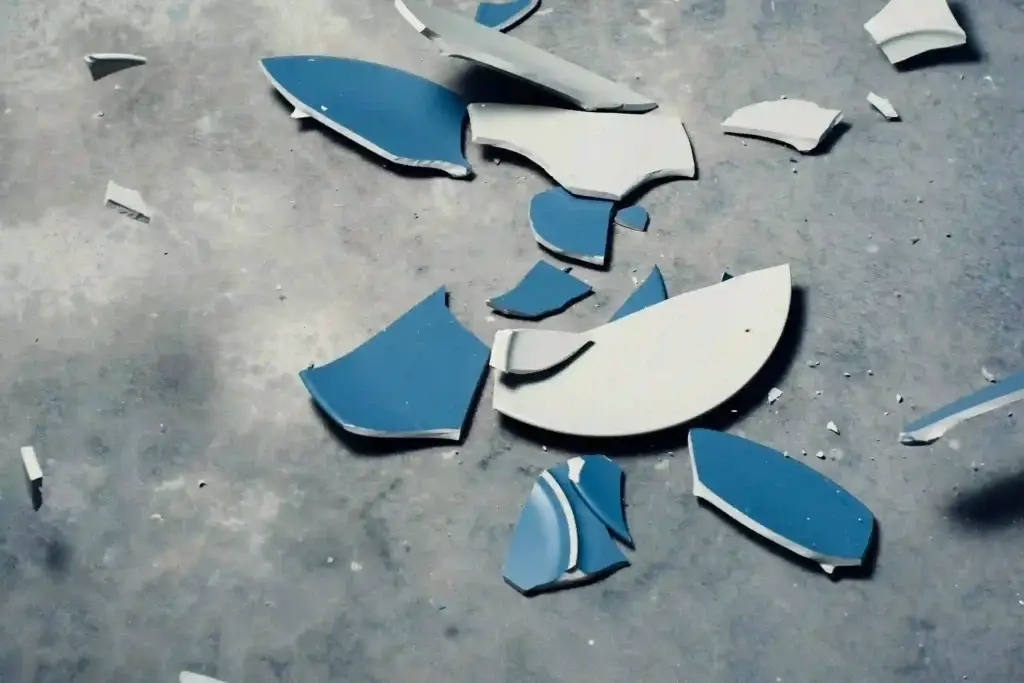 A shattered blue and white ceramic plate broken into pieces on a concrete floor, symbolizing the concept of faith deconstruction.