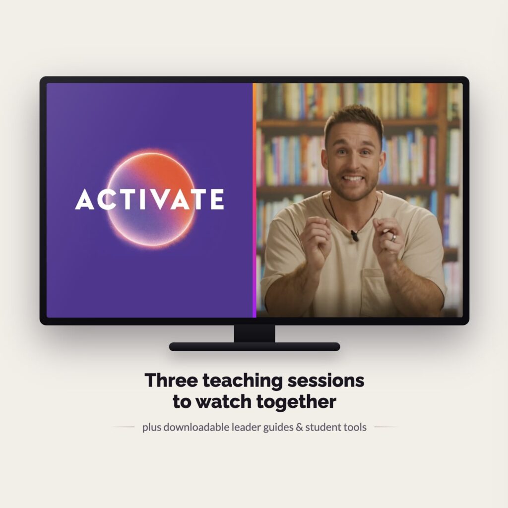 A television with a split screen: the ACTIVATE logo on the left, a speaker presenting a teaching session on the right. Caption below reads "Three teaching sessions to watch together, plus downloadable leader guides & student tools."
