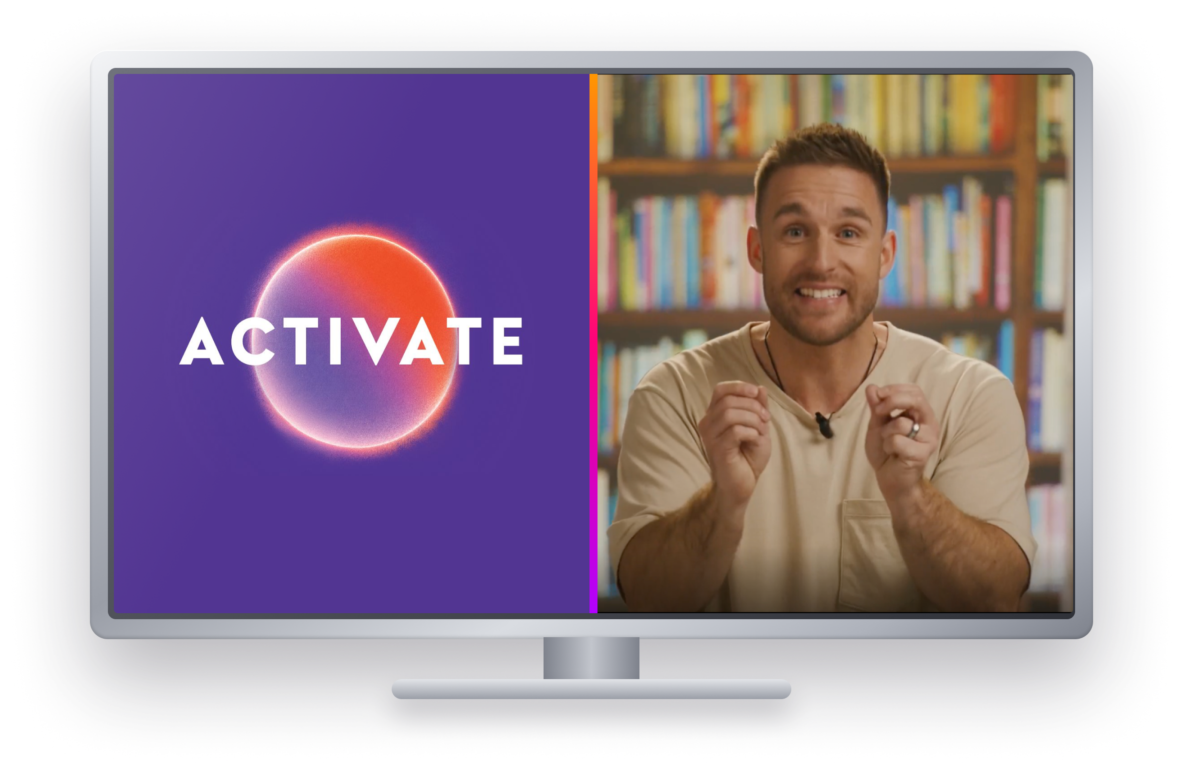 A television with a split screen: the ACTIVATE logo on the left, a speaker presenting a teaching session on the right.